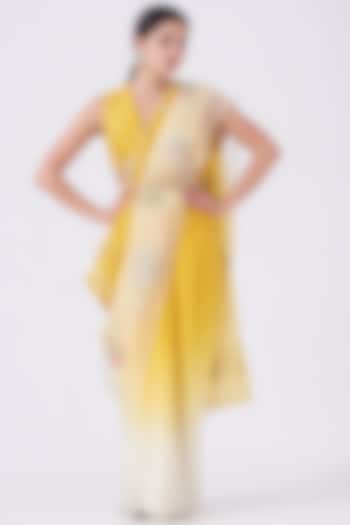 Yellow & White Embroidered Ombre Saree Set by Priyanka Jain