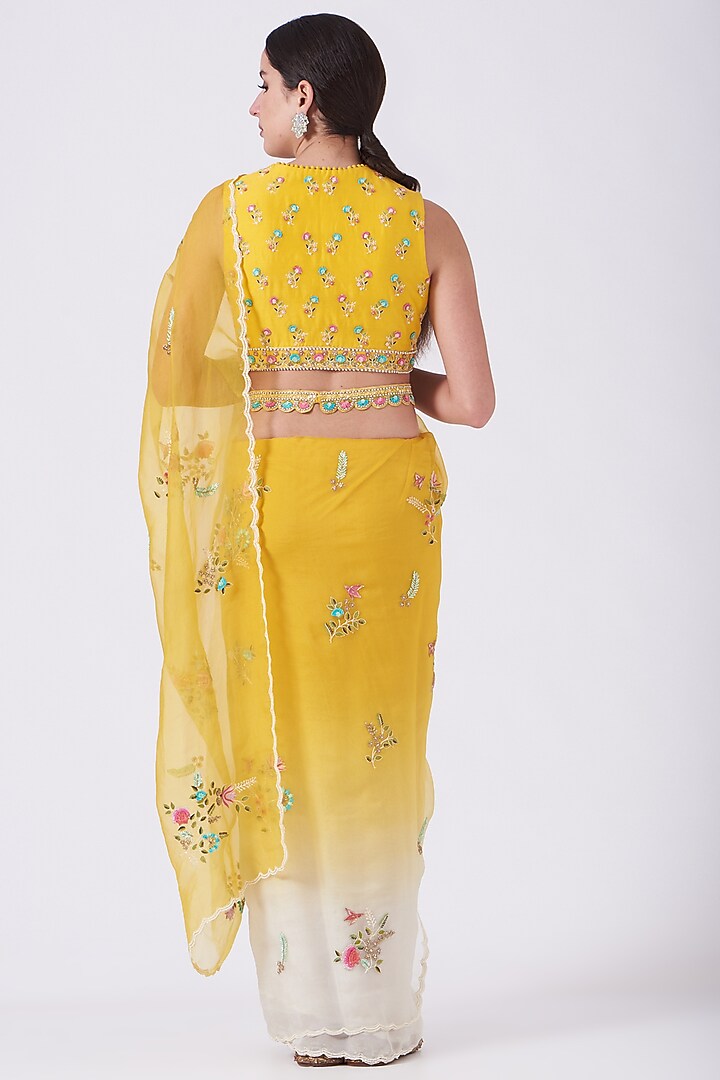 Yellow & White Embroidered Ombre Wedding Saree Set by Priyanka Jain at Pernia's Pop Up Shop
