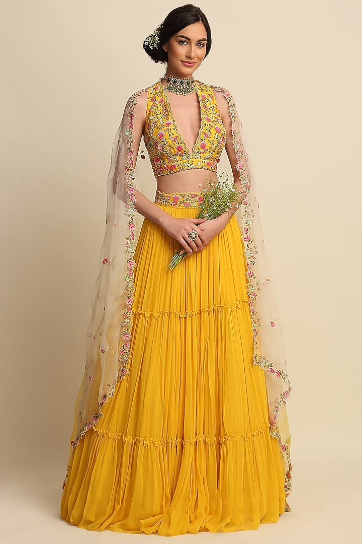 Yellow Embroidered Wedding Lehenga Set by Priyanka Jain at Pernia's Pop Up Shop