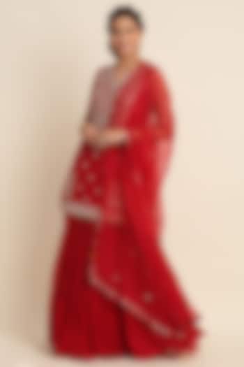 Red Georgette Lehenga Set by Priyanka Jain