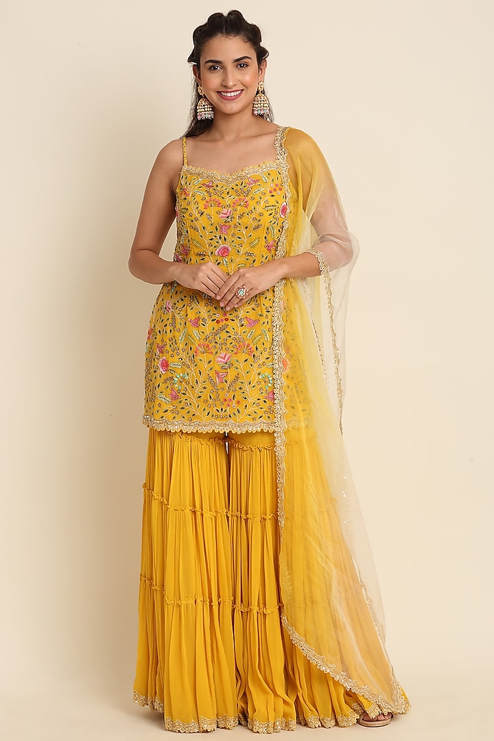 Yellow Tiered Sharara Set by Priyanka Jain