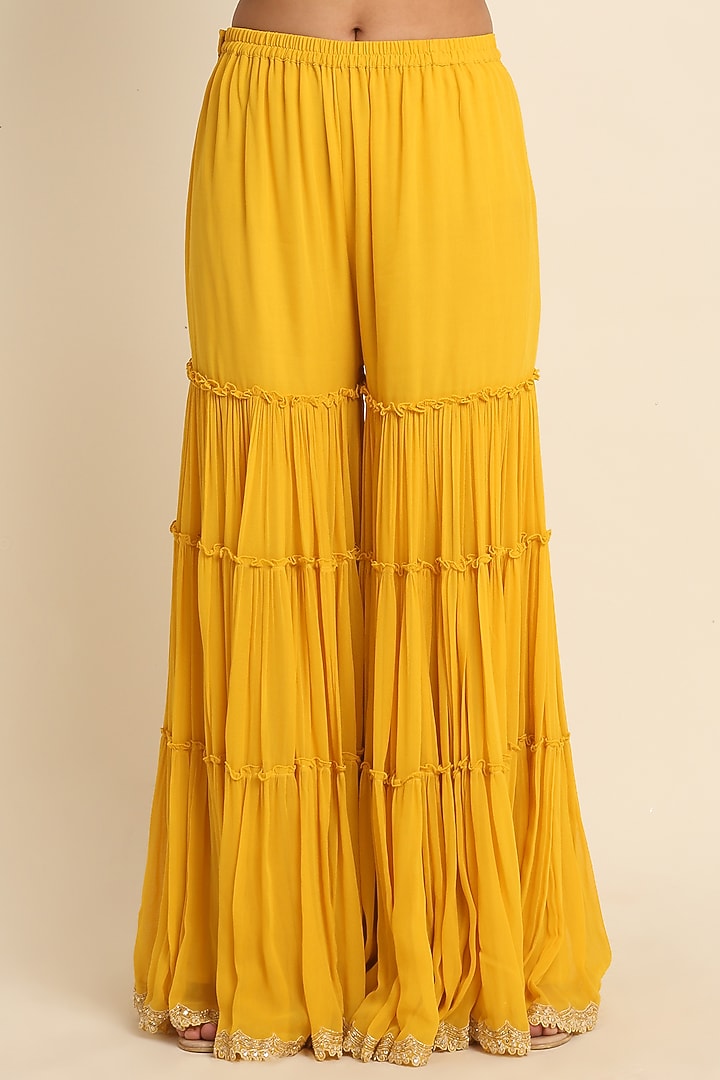 Yellow Tiered Wedding Sharara Set by Priyanka Jain at Pernia's Pop Up Shop