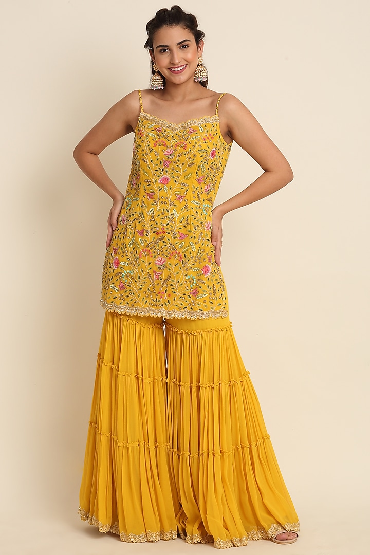 Yellow Tiered Wedding Sharara Set by Priyanka Jain at Pernia's Pop Up Shop
