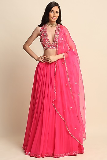 Fuchsia Georgette Wedding Lehenga Set by Priyanka Jain at Pernia's Pop Up Shop