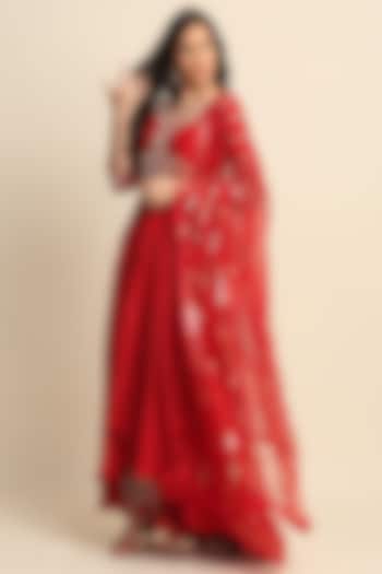 Red Crepe Anarkali Set by Priyanka Jain