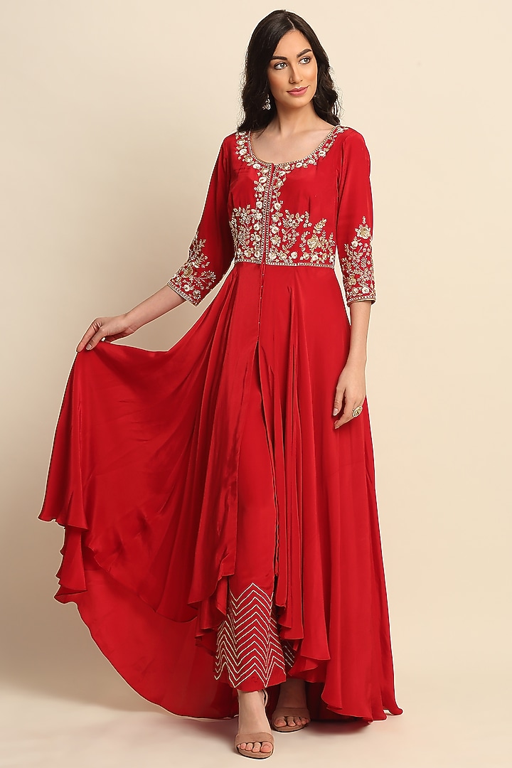Red Crepe Wedding Anarkali Set by Priyanka Jain at Pernia's Pop Up Shop