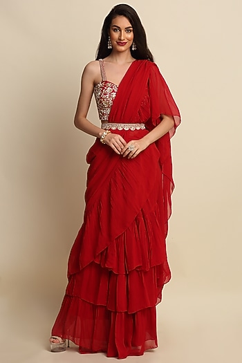 Red Ruffled Wedding Saree Set by Priyanka Jain at Pernia's Pop Up Shop