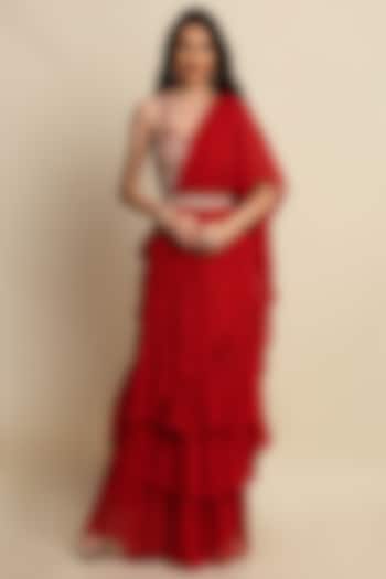 Red Ruffled Saree Set by Priyanka Jain