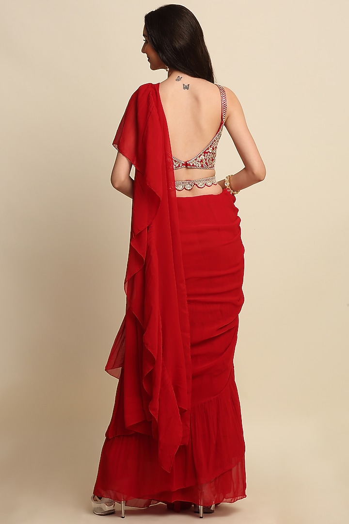Red Ruffled Wedding Saree Set by Priyanka Jain at Pernia's Pop Up Shop