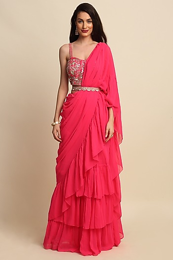 Fuchsia Georgette Ruffled Wedding Saree Set by Priyanka Jain at Pernia's Pop Up Shop