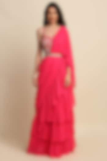 Fuchsia Ruffled Saree Set by Priyanka Jain