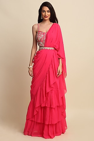 Fuchsia Georgette Ruffled Saree Set by Priyanka Jain