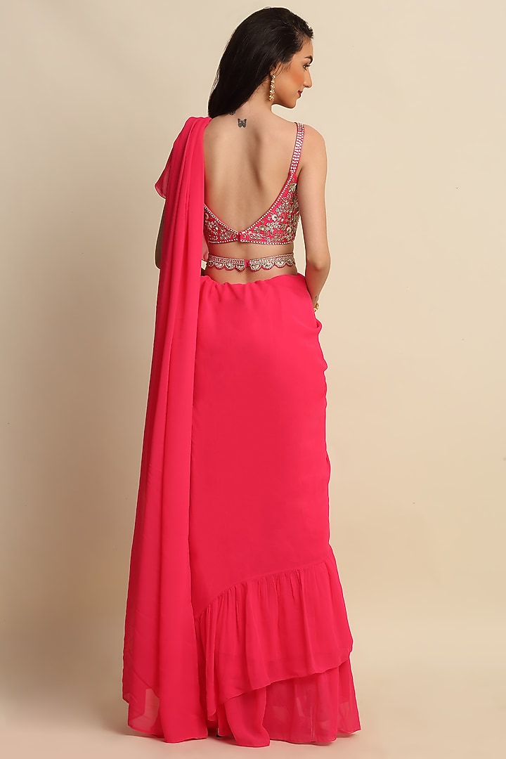 Fuchsia Georgette Ruffled Wedding Saree Set by Priyanka Jain at Pernia's Pop Up Shop