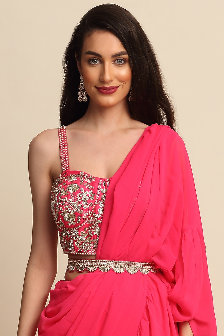 Fuchsia Georgette Ruffled Wedding Saree Set by Priyanka Jain at Pernia's Pop Up Shop