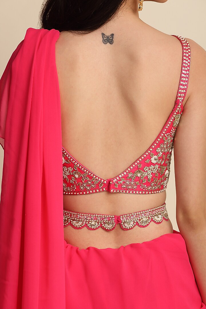 Fuchsia Georgette Ruffled Wedding Saree Set by Priyanka Jain at Pernia's Pop Up Shop