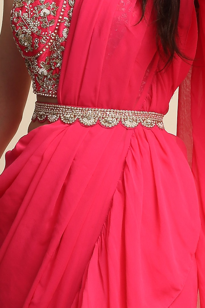 Fuchsia Georgette Ruffled Wedding Saree Set by Priyanka Jain at Pernia's Pop Up Shop