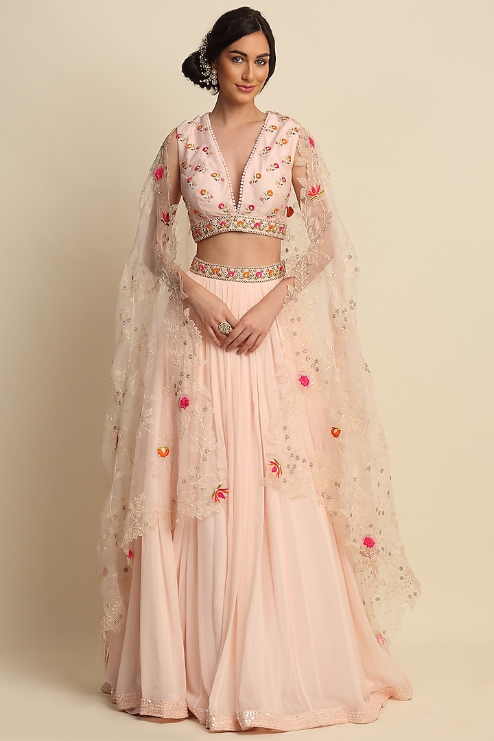 Light Pink Georgette Embroidered Lehenga Set by Priyanka Jain