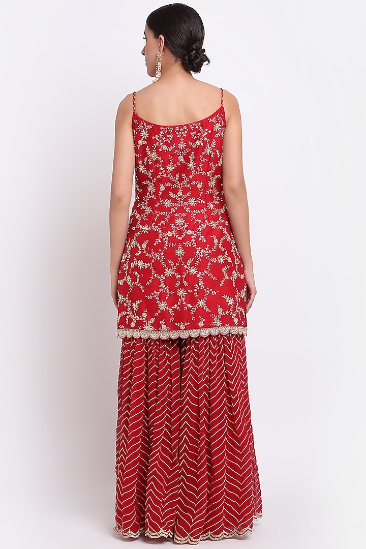 Red Georgette Embroidered Wedding Sharara Set by Priyanka Jain at Pernia's Pop Up Shop