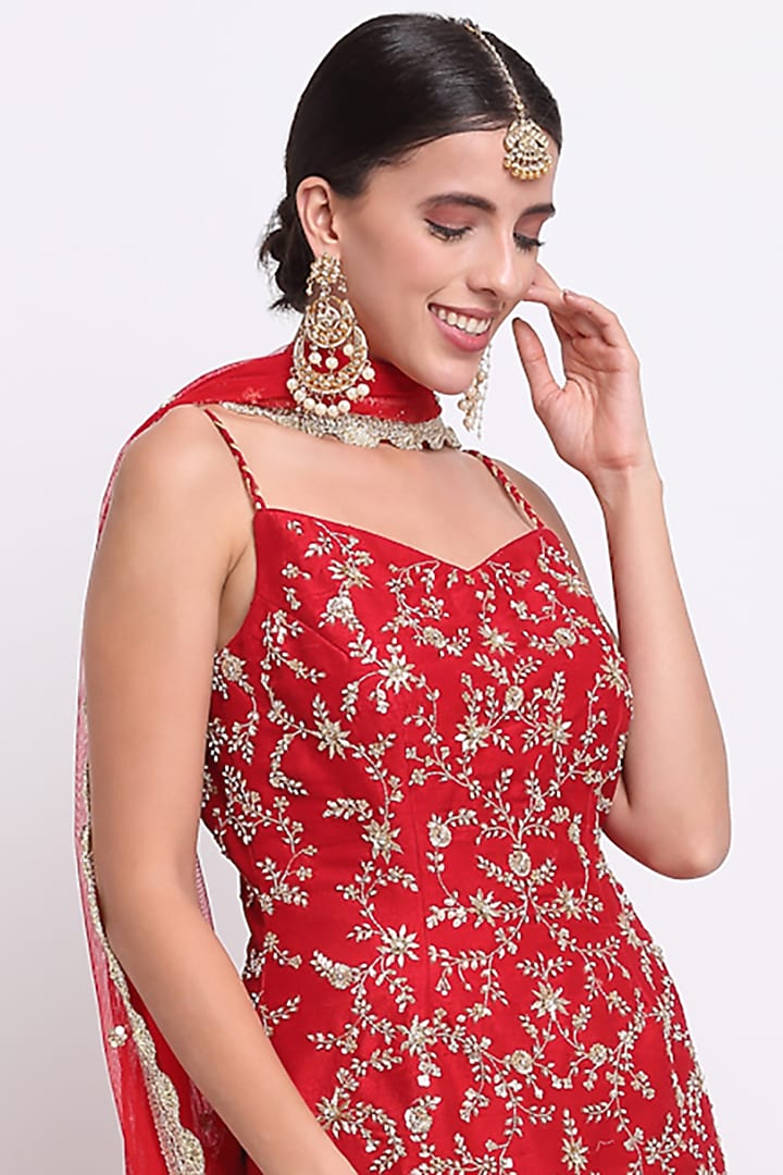 Red Georgette Embroidered Wedding Sharara Set by Priyanka Jain at Pernia's Pop Up Shop