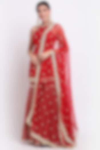 Red Georgette Embroidered Sharara Set by Priyanka Jain