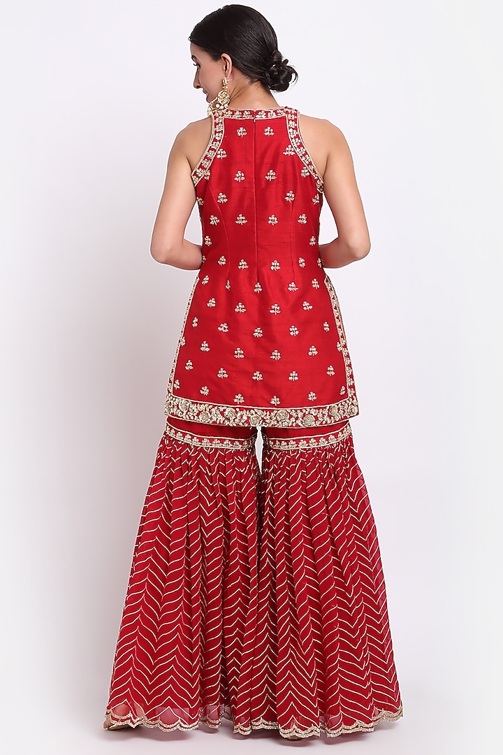 Red Georgette Embroidered Wedding Sharara Set by Priyanka Jain at Pernia's Pop Up Shop