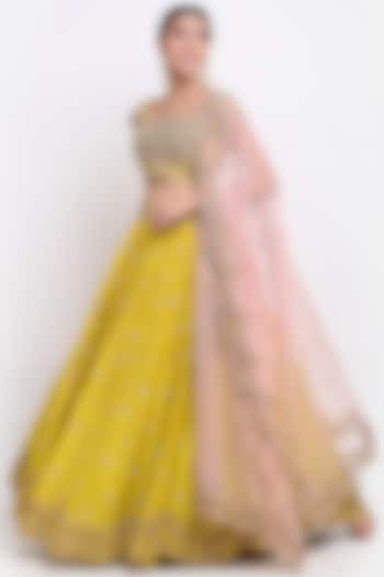 Mustard Yellow Embroidered Lehenga Set by Priyanka Jain