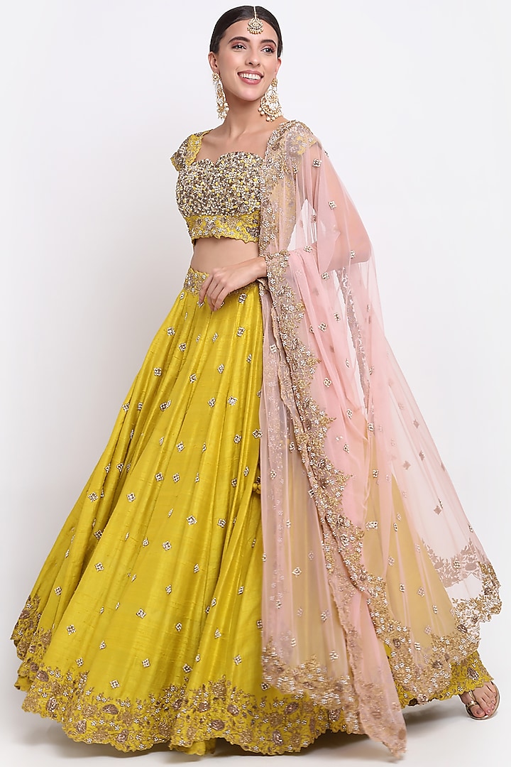 Mustard Yellow Embroidered Lehenga Set by Priyanka Jain