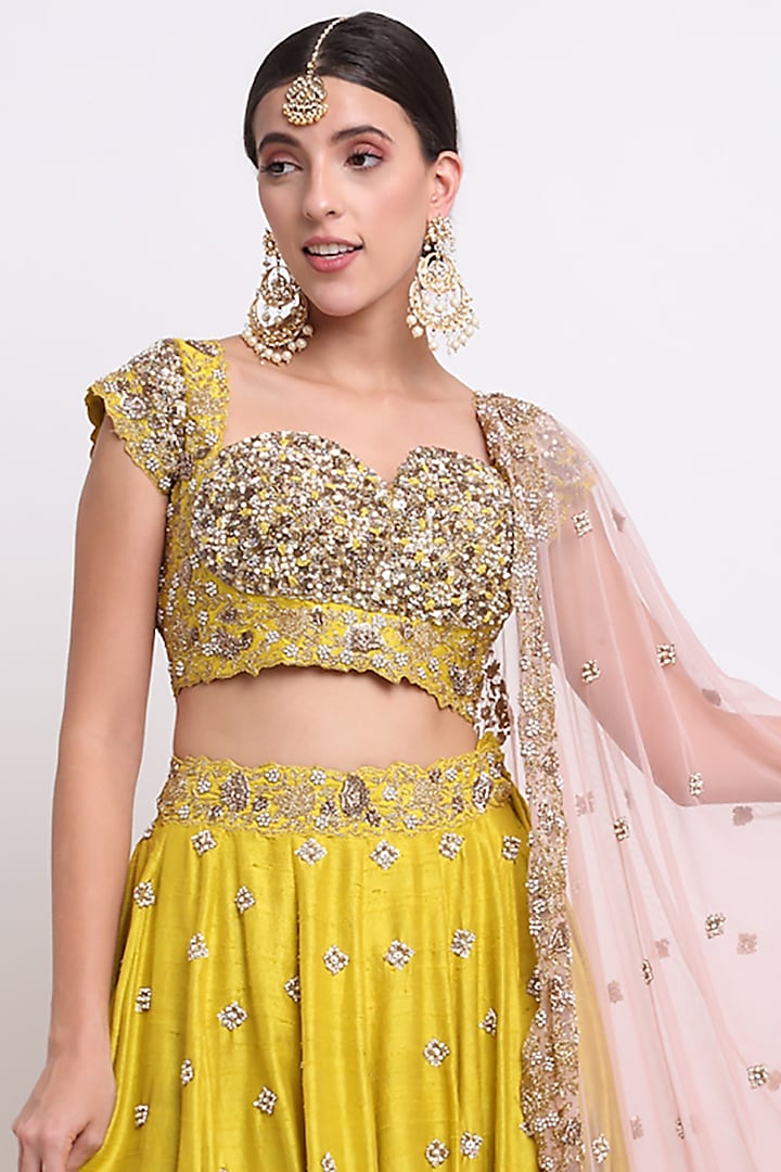 Mustard Yellow Embroidered Lehenga Set With Pleated Skirt & Designer Blouse main image 1