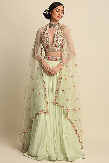 Mint Green Wedding Lehenga Set With Embroidery by Priyanka Jain at Pernia's Pop Up Shop