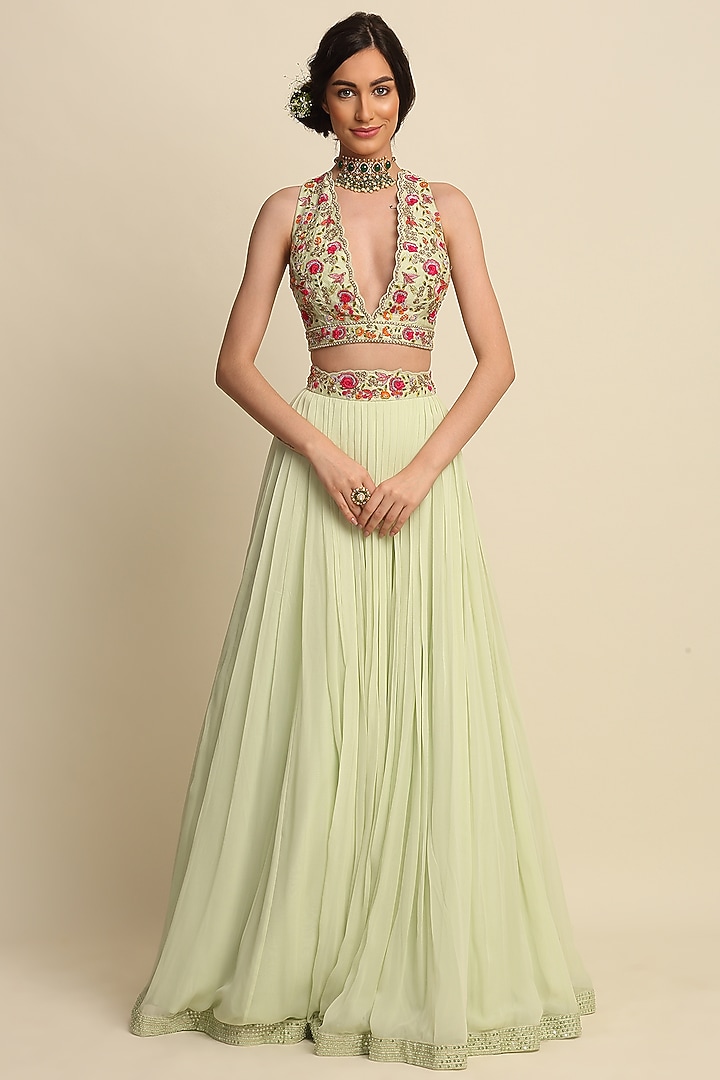 Mint Green Wedding Lehenga Set With Embroidery by Priyanka Jain at Pernia's Pop Up Shop