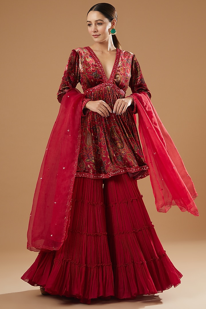 Red Georgette Sharara Set by Priyanka Jain