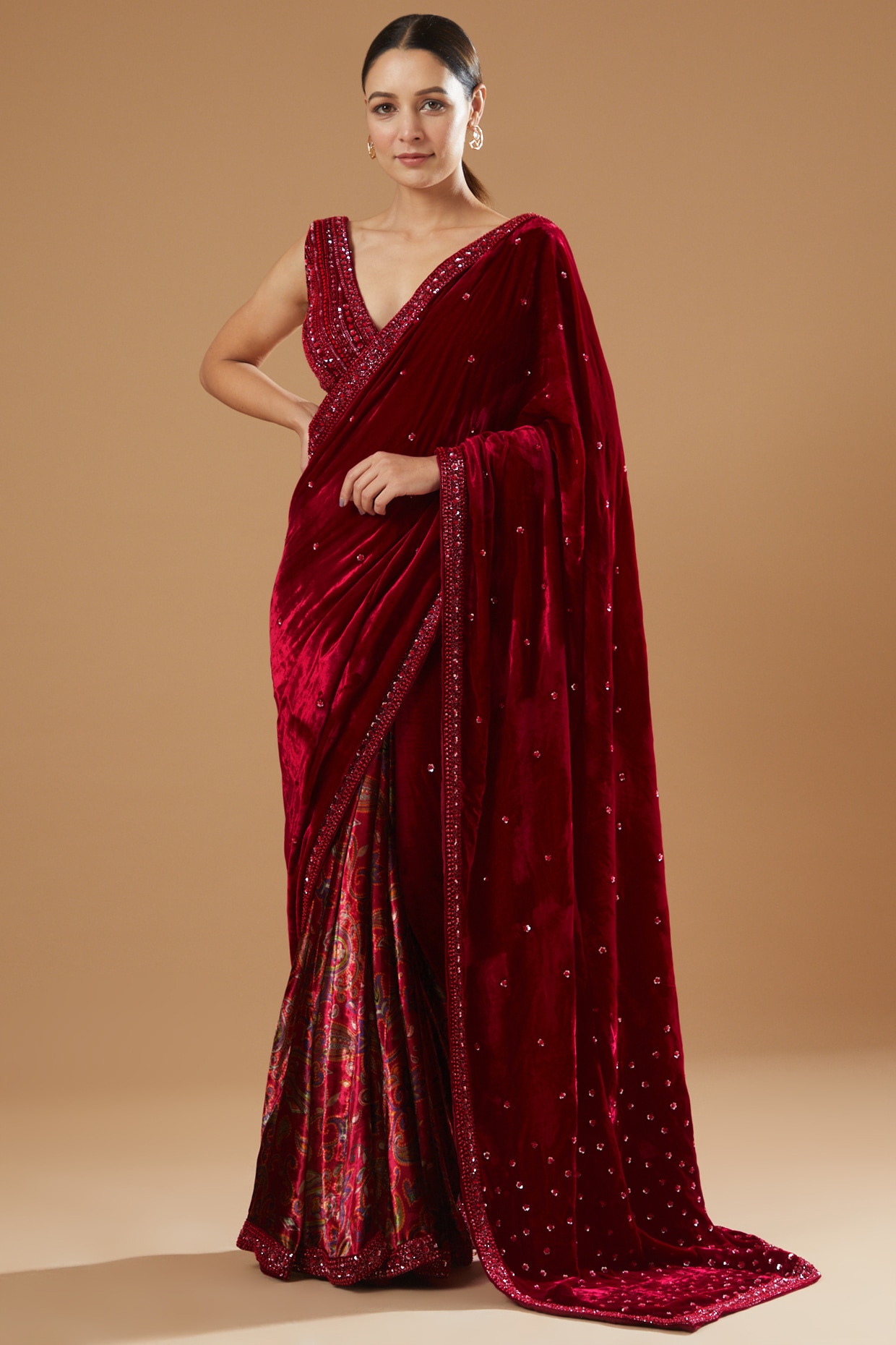 SMC Red Velvet Saree (Without Blouse) pure cotton saree