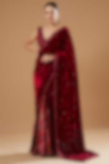 Crimson Red Velvet Embroidered Pre-Stitched Saree Set by Priyanka Jain
