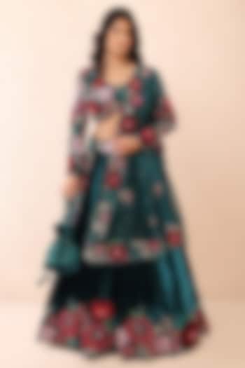 Teal Blue Velvet Applique Thread Embroidered Bridal Lehenga Set by Priyanka Jain at Pernia's Pop Up Shop