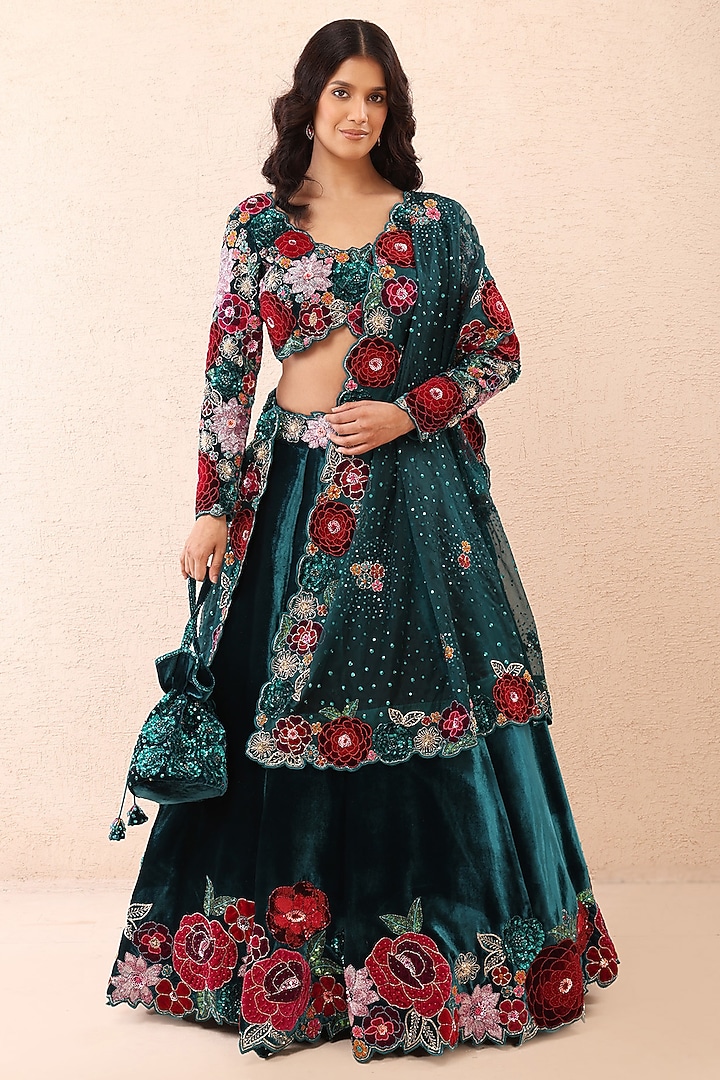 Teal Blue Velvet Applique Thread Embroidered Bridal Lehenga Set by Priyanka Jain at Pernia's Pop Up Shop