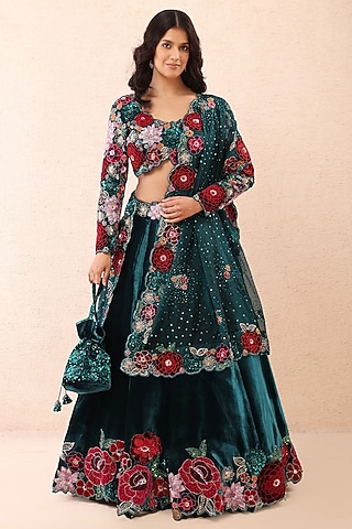 Teal Blue Velvet Applique Thread Embroidered Lehenga Set by Priyanka Jain