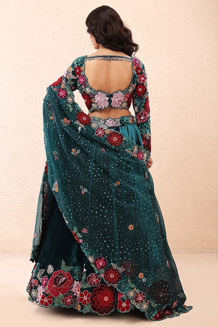 Teal Blue Velvet Applique Thread Embroidered Bridal Lehenga Set by Priyanka Jain at Pernia's Pop Up Shop
