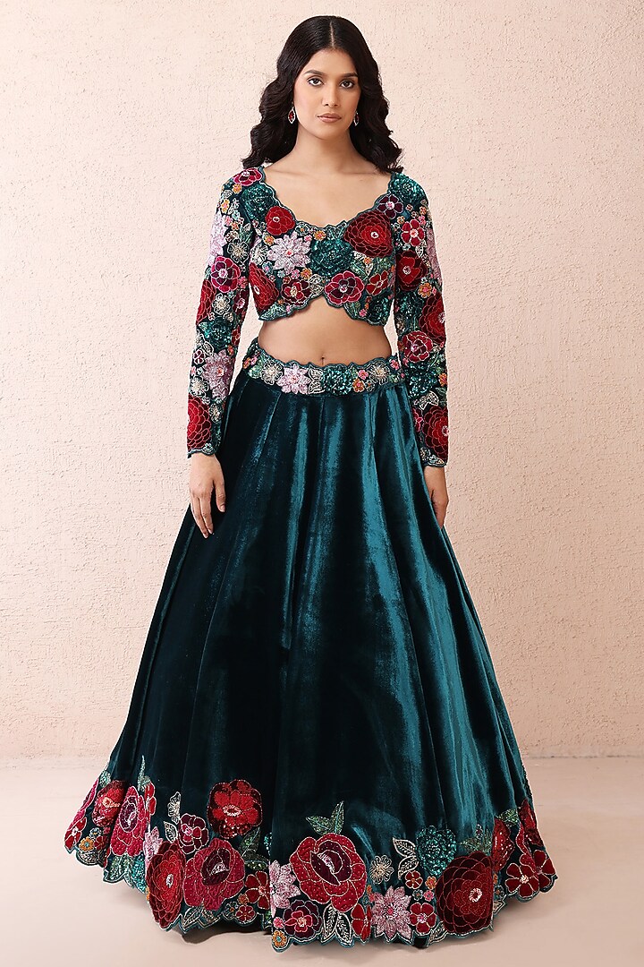 Teal Blue Velvet Applique Thread Embroidered Bridal Lehenga Set by Priyanka Jain at Pernia's Pop Up Shop