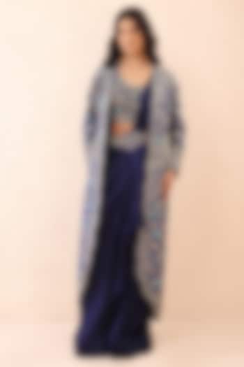 Indigo Dupion Silk & Crinkle Hand Embroidered Jacket Draped Reception Saree Set by Priyanka Jain at Pernia's Pop Up Shop