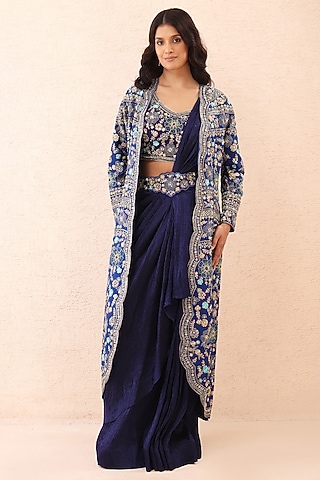 Indigo Dupion Silk & Crinkle Hand Embroidered Jacket Draped Saree Set by Priyanka Jain