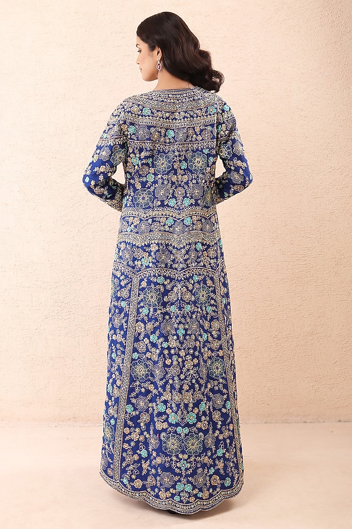 Indigo Dupion Silk & Crinkle Hand Embroidered Jacket Draped Reception Saree Set by Priyanka Jain at Pernia's Pop Up Shop