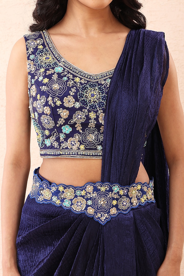 Indigo Dupion Silk & Crinkle Hand Embroidered Jacket Draped Reception Saree Set by Priyanka Jain at Pernia's Pop Up Shop