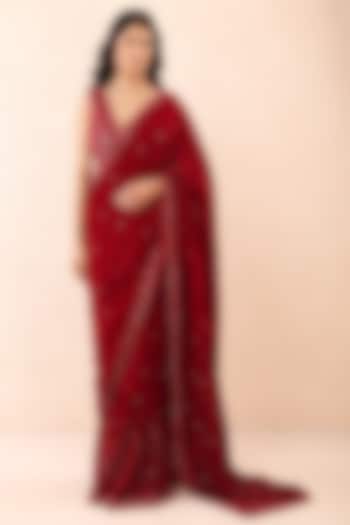 Red Velvet Sequins Hand Embroidered Pre-Stitched Wedding Saree Set by Priyanka Jain at Pernia's Pop Up Shop