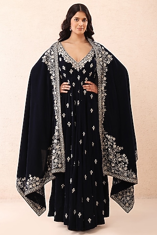 Midnight Blue Velvet Hand Embroidered Anarkali With Dupatta by Priyanka Jain