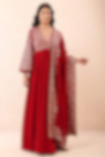 Red Velvet Hand Embroidered Wedding Anarkali With Dupatta by Priyanka Jain at Pernia's Pop Up Shop