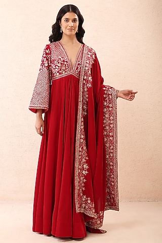 Red Velvet Hand Embroidered Anarkali With Dupatta by Priyanka Jain