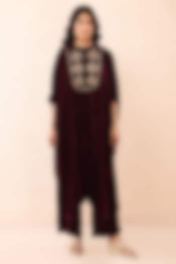 Wine Velvet Dori Work Co-Ord Set by Priyanka Jain at Pernia's Pop Up Shop