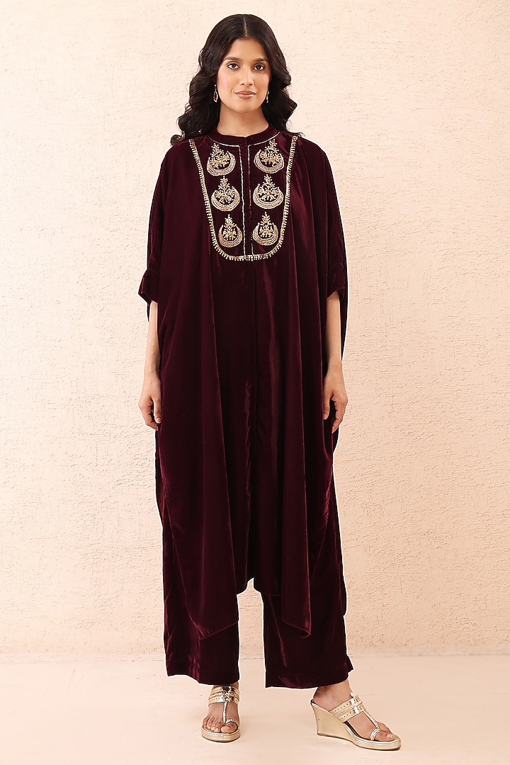 Wine Velvet Dori Work Co-Ord Set by Priyanka Jain at Pernia's Pop Up Shop