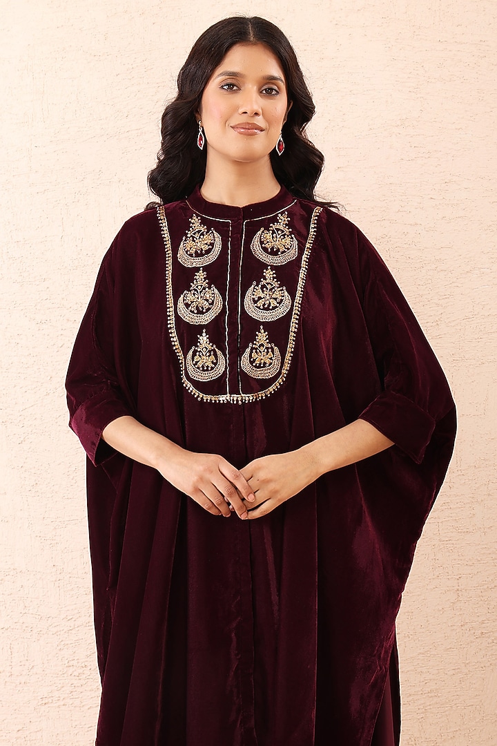 Wine Velvet Dori Work Co-Ord Set by Priyanka Jain at Pernia's Pop Up Shop