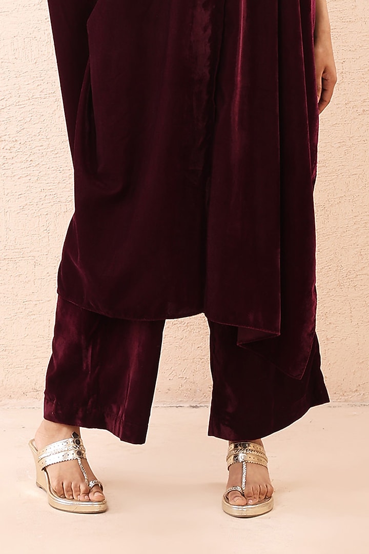 Wine Velvet Dori Work Co-Ord Set by Priyanka Jain at Pernia's Pop Up Shop
